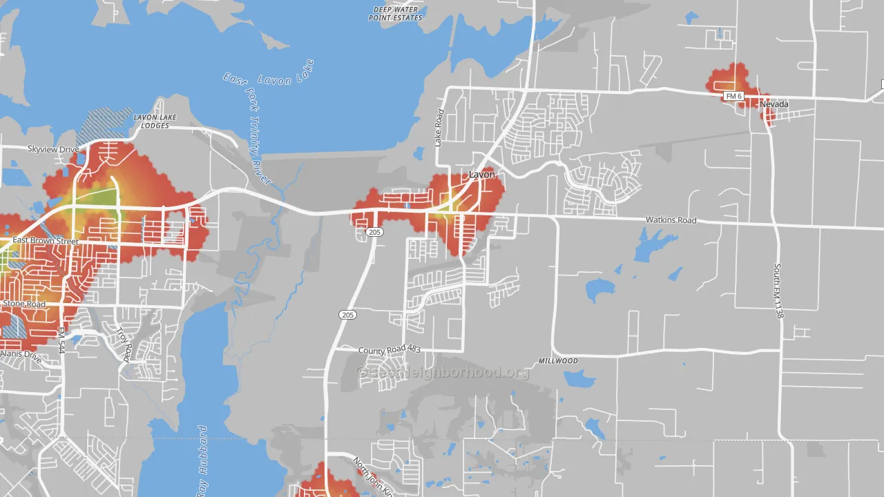 Walk Grade map of Lavon, TX, walkable areas in green and car-dependent areas in red