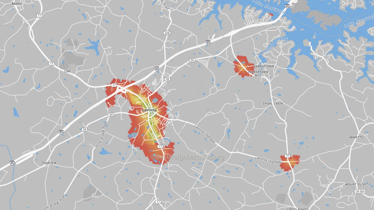 Walk Grade map of Lavonia, GA, walkable areas in green and car-dependent areas in red