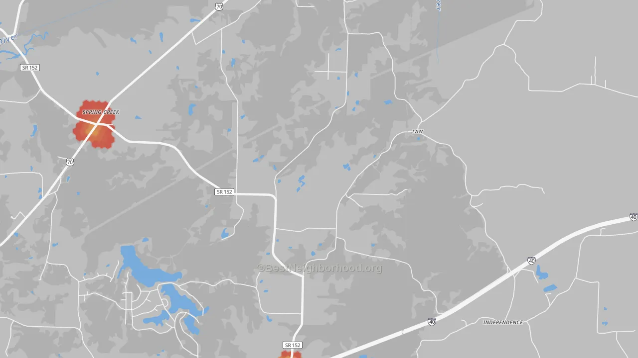Walk Grade map of Law, TN, walkable areas in green and car-dependent areas in red