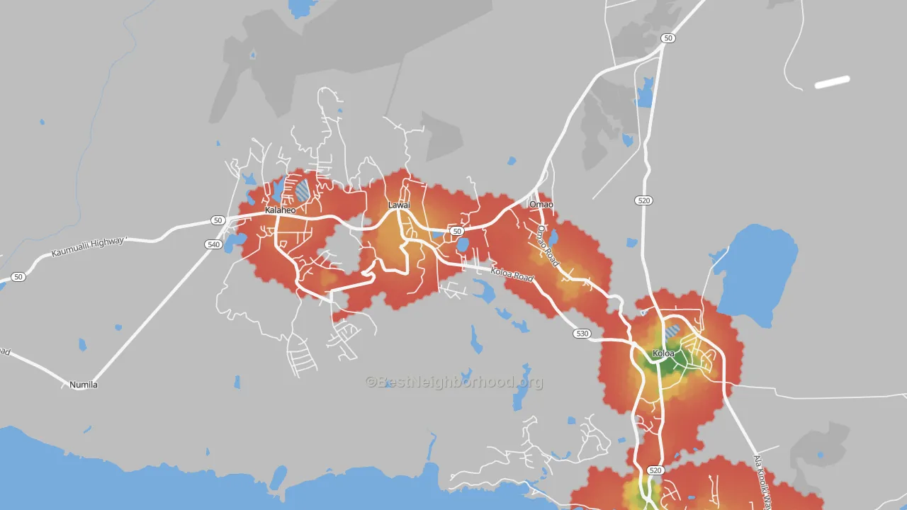 Walk Grade map of Lawai, HI, walkable areas in green and car-dependent areas in red