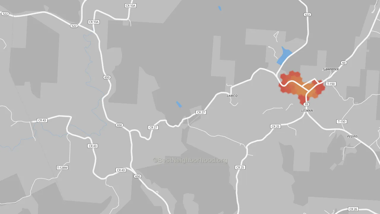 Walk Grade map of Lawco, OH, walkable areas in green and car-dependent areas in red