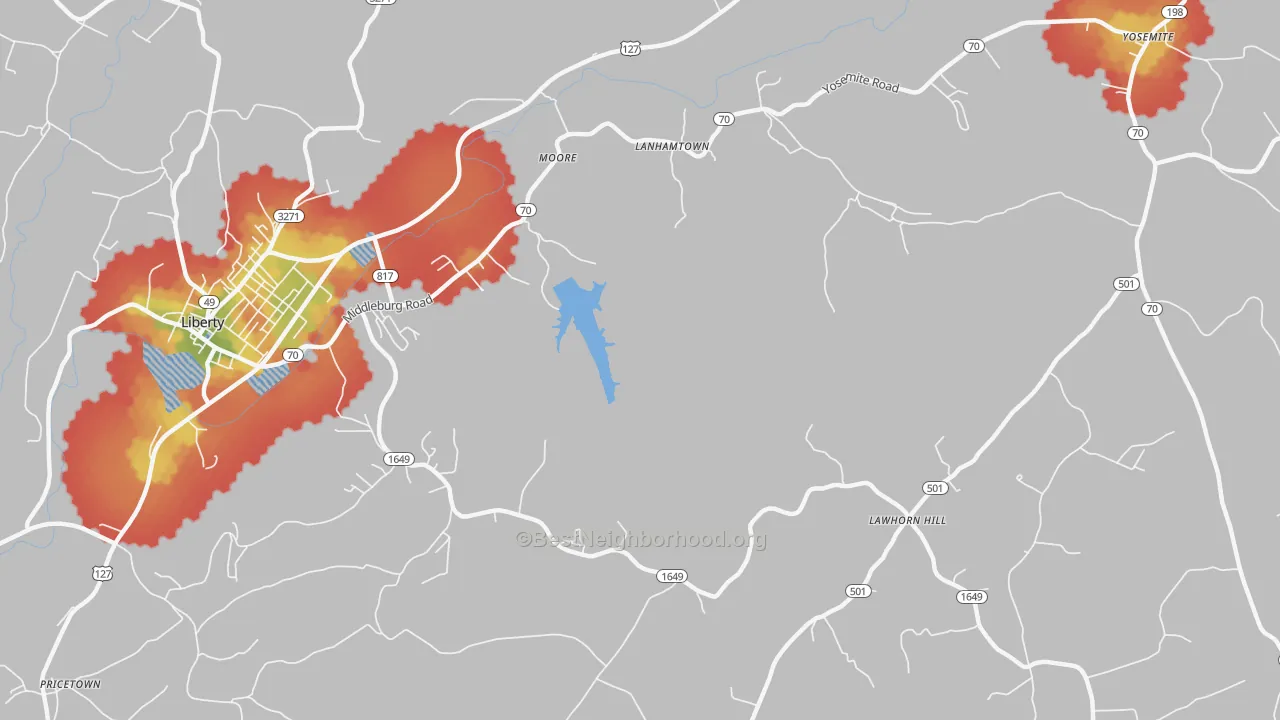 Walk Grade map of Lawhorn Hill, KY, walkable areas in green and car-dependent areas in red