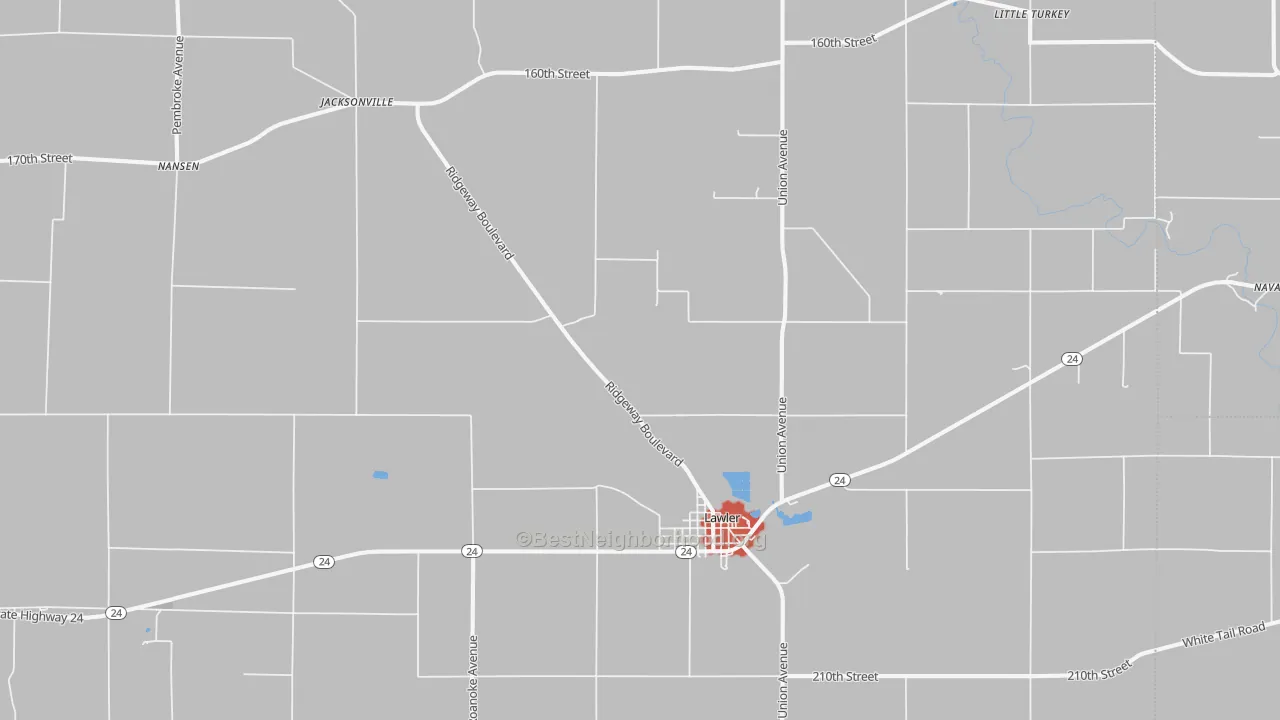 Walk Grade map of Lawler, IA, walkable areas in green and car-dependent areas in red