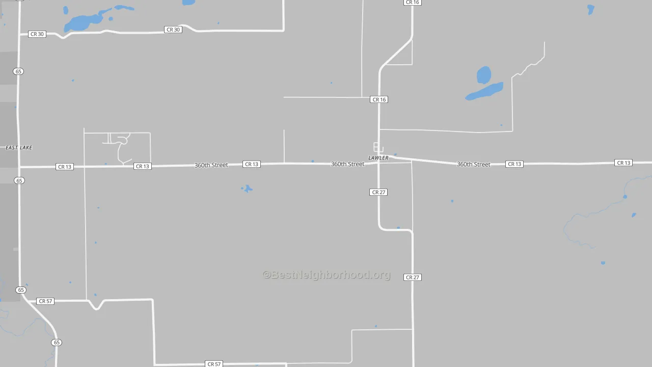 Walk Grade map of Lawler, MN, walkable areas in green and car-dependent areas in red