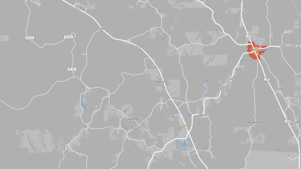 Walk Grade map of Lawley, AL, walkable areas in green and car-dependent areas in red
