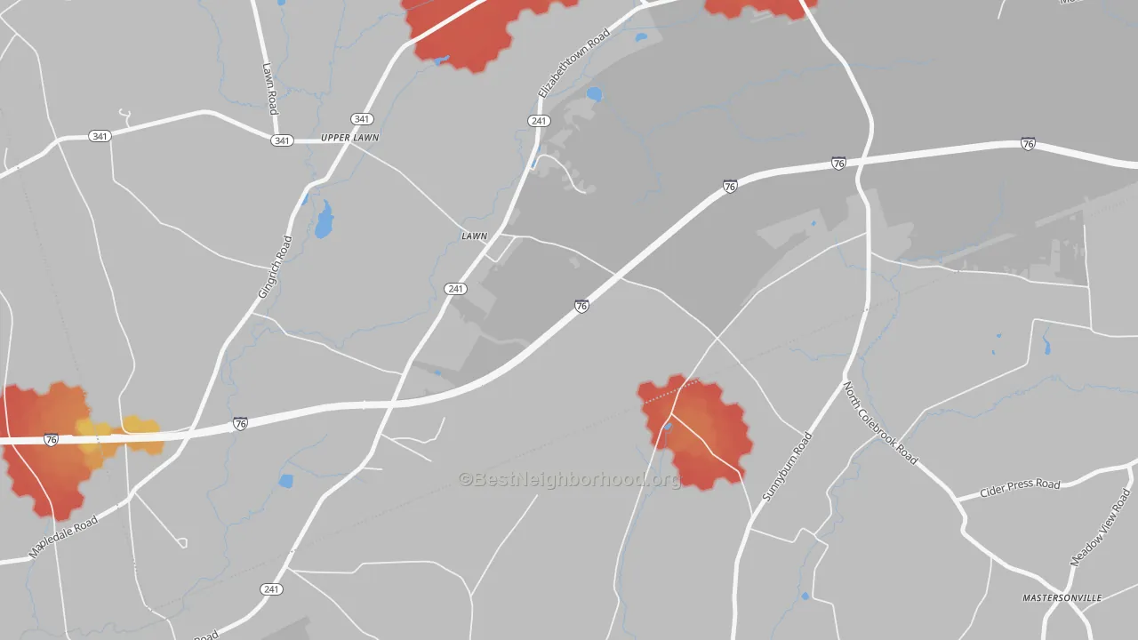 Walk Grade map of Lawn, PA, walkable areas in green and car-dependent areas in red