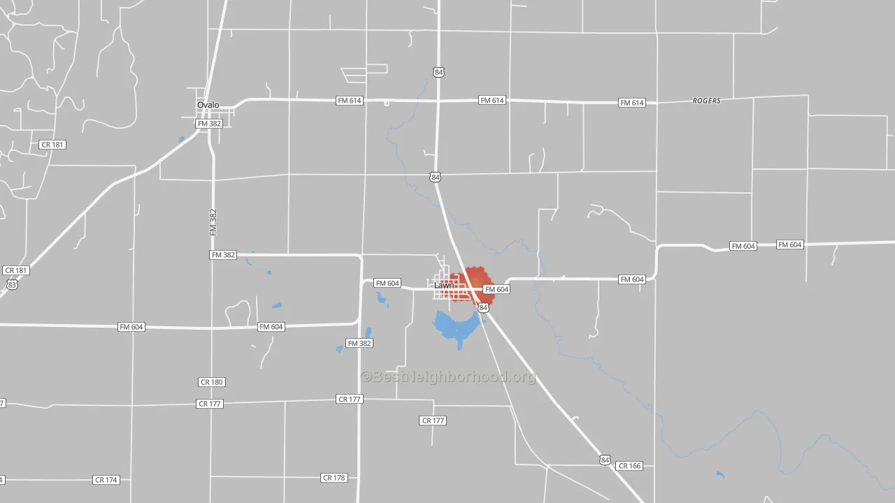 Walk Grade map of Lawn, TX, walkable areas in green and car-dependent areas in red