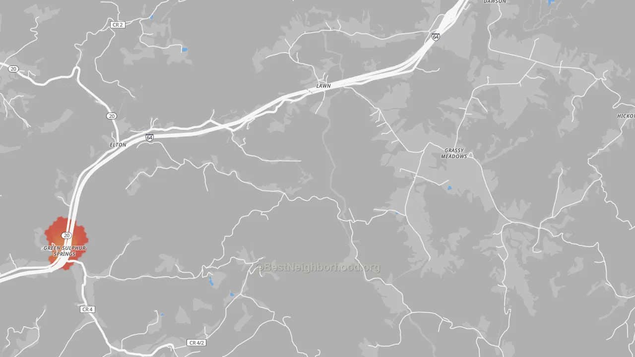 Walk Grade map of Lawn, WV, walkable areas in green and car-dependent areas in red