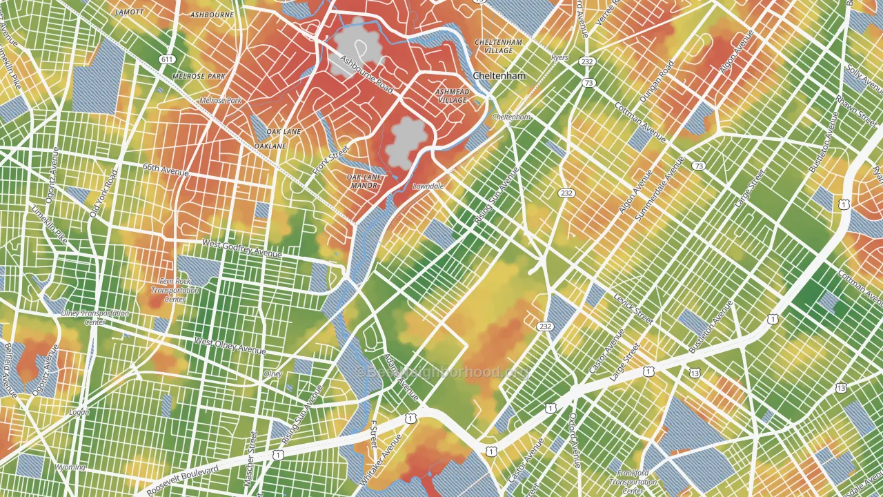 Walk Grade map of Lawncrest, Philadelphia, PA, walkable areas in green and car-dependent areas in red