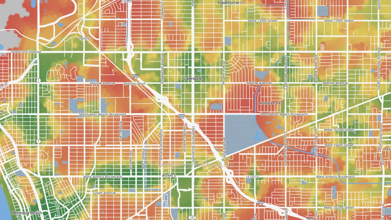 Walk Grade map of Lawndale, CA, walkable areas in green and car-dependent areas in red