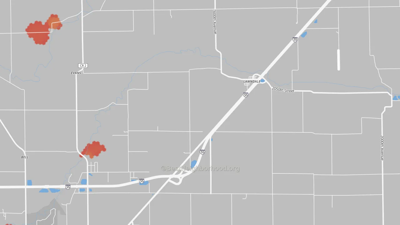 Walk Grade map of Lawndale, IL, walkable areas in green and car-dependent areas in red