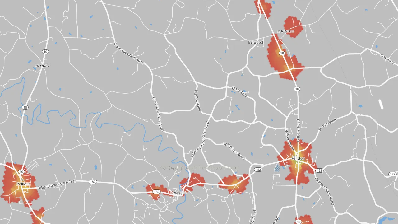 Walk Grade map of Lawndale, NC, walkable areas in green and car-dependent areas in red