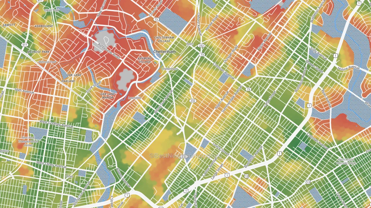 Walk Grade map of Lawndale, Philadelphia, PA, walkable areas in green and car-dependent areas in red