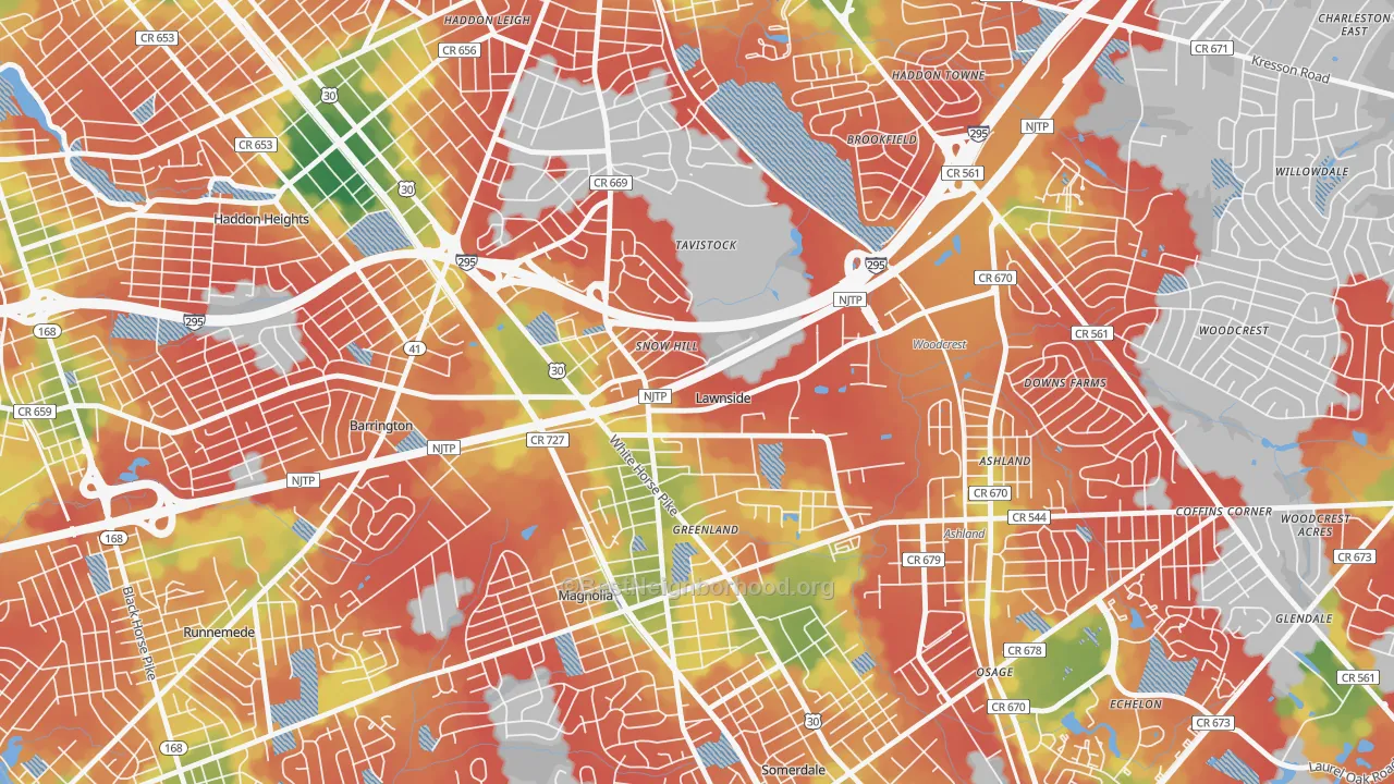 Walk Grade map of Lawnside, NJ, walkable areas in green and car-dependent areas in red