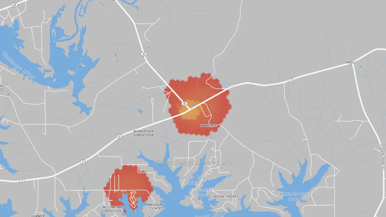 Walk Grade map of Lawrence, AL, walkable areas in green and car-dependent areas in red