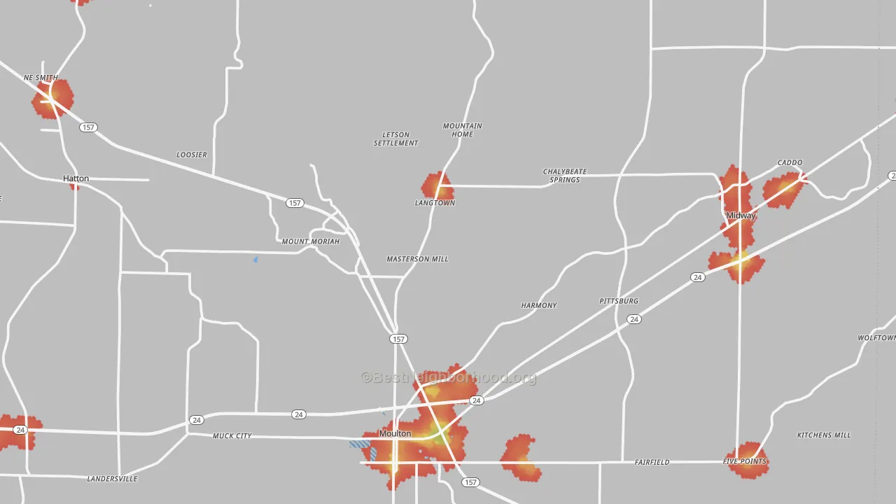 Walk Grade map of Lawrence County, AL, walkable areas in green and car-dependent areas in red
