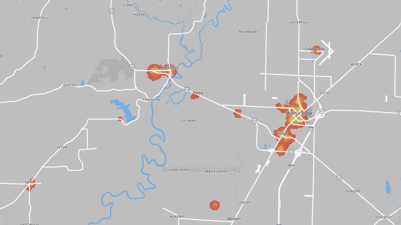 Walk Grade map of Lawrence County, AR, walkable areas in green and car-dependent areas in red