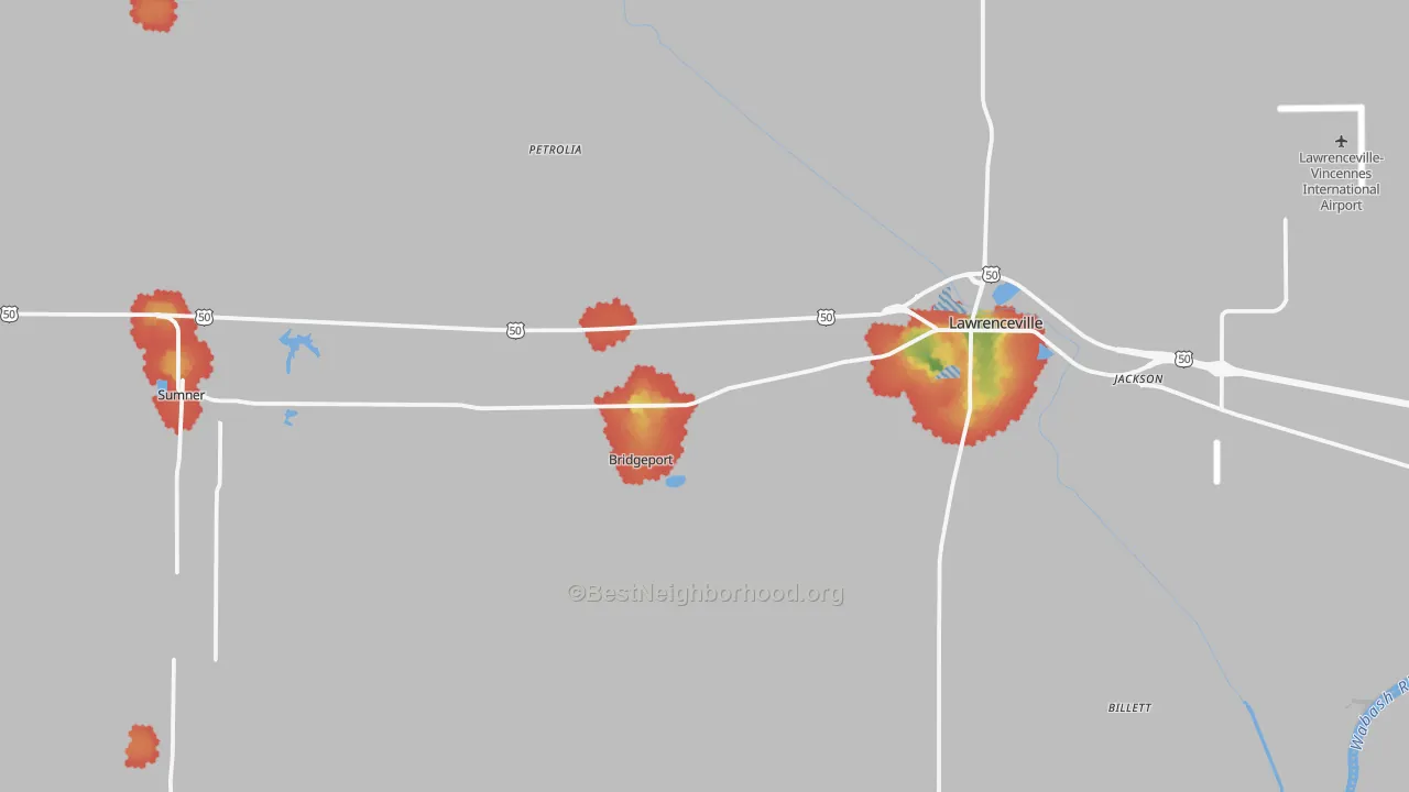 Walk Grade map of Lawrence County, IL, walkable areas in green and car-dependent areas in red
