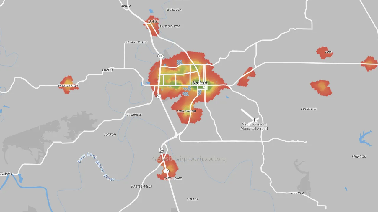 Walk Grade map of Lawrence County, IN, walkable areas in green and car-dependent areas in red