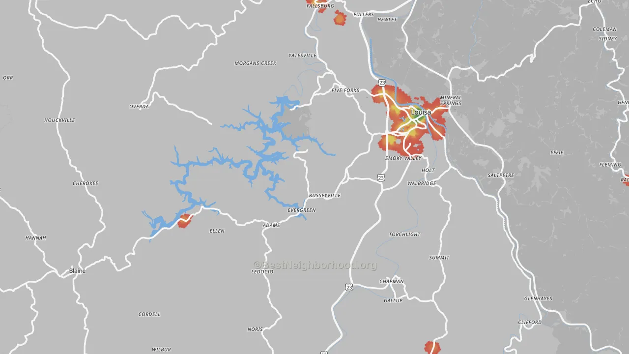 Walk Grade map of Lawrence County, KY, walkable areas in green and car-dependent areas in red