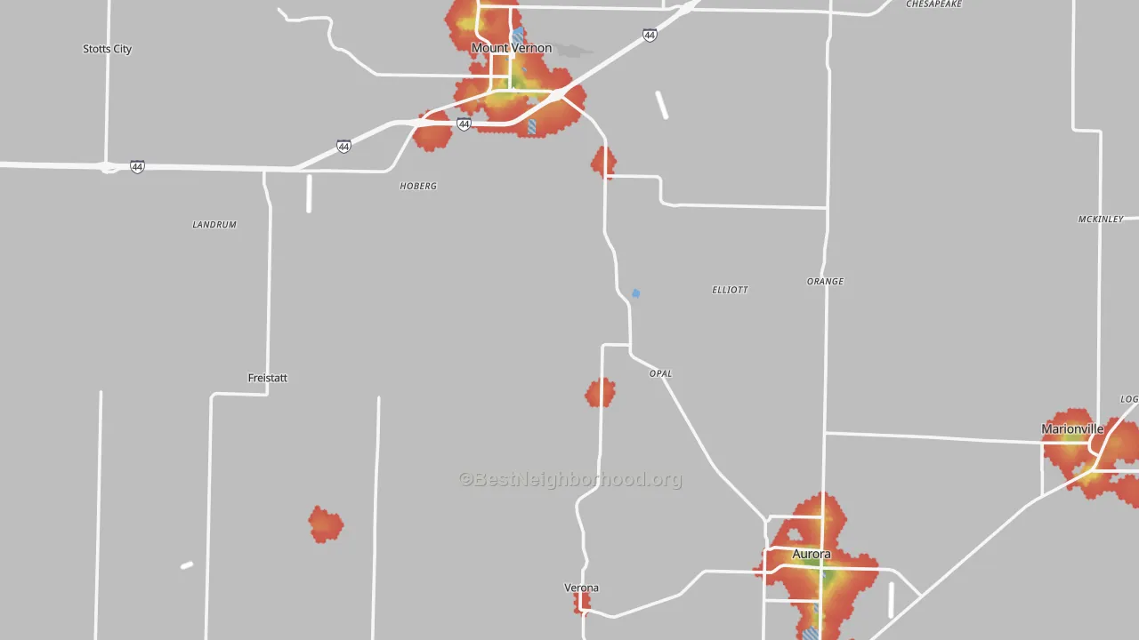 Walk Grade map of Lawrence County, MO, walkable areas in green and car-dependent areas in red