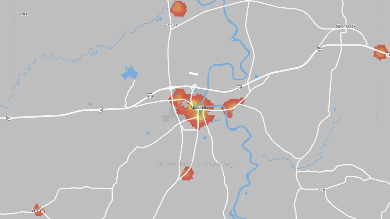 Walk Grade map of Lawrence County, MS, walkable areas in green and car-dependent areas in red