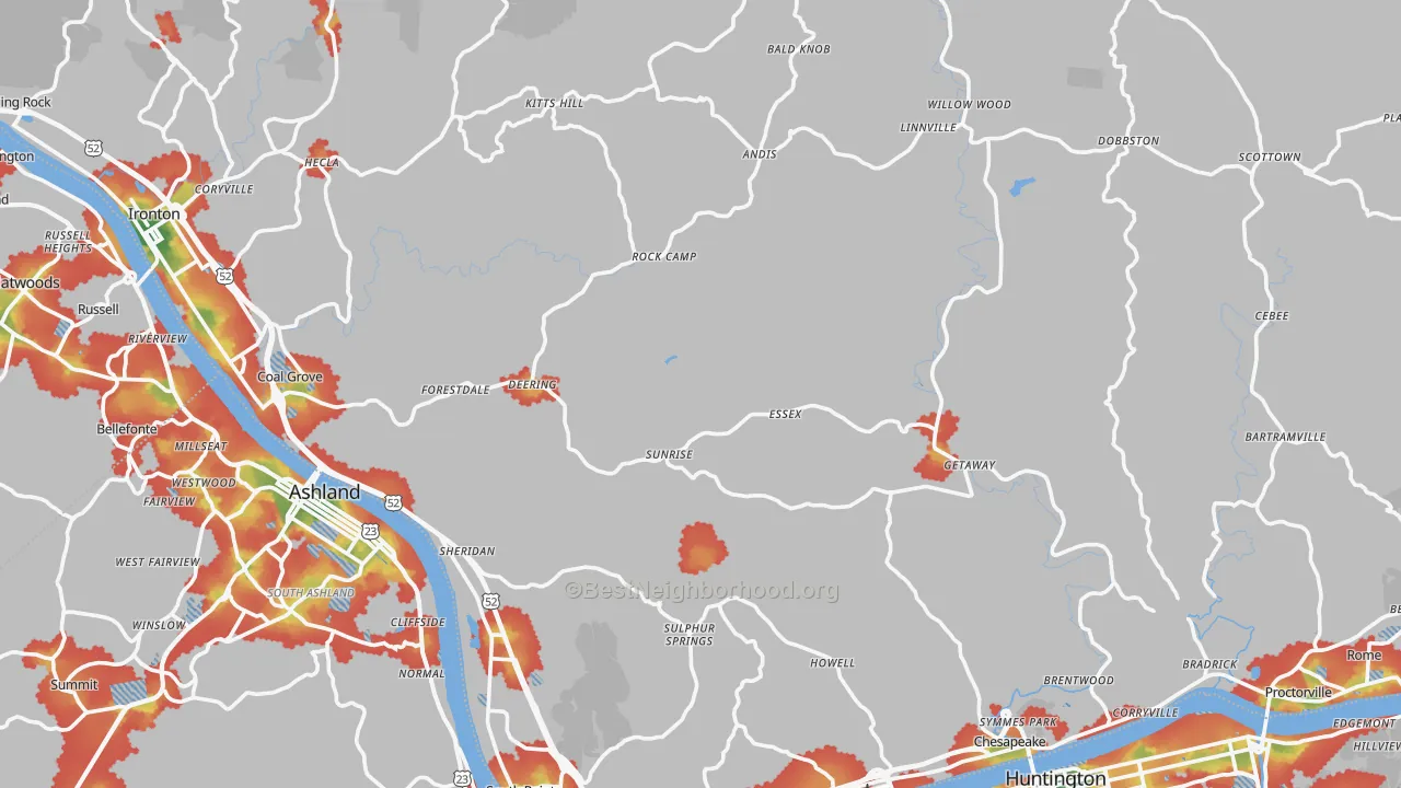 Walk Grade map of Lawrence County, OH, walkable areas in green and car-dependent areas in red