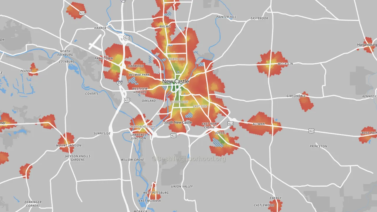 Walk Grade map of Lawrence County, PA, walkable areas in green and car-dependent areas in red