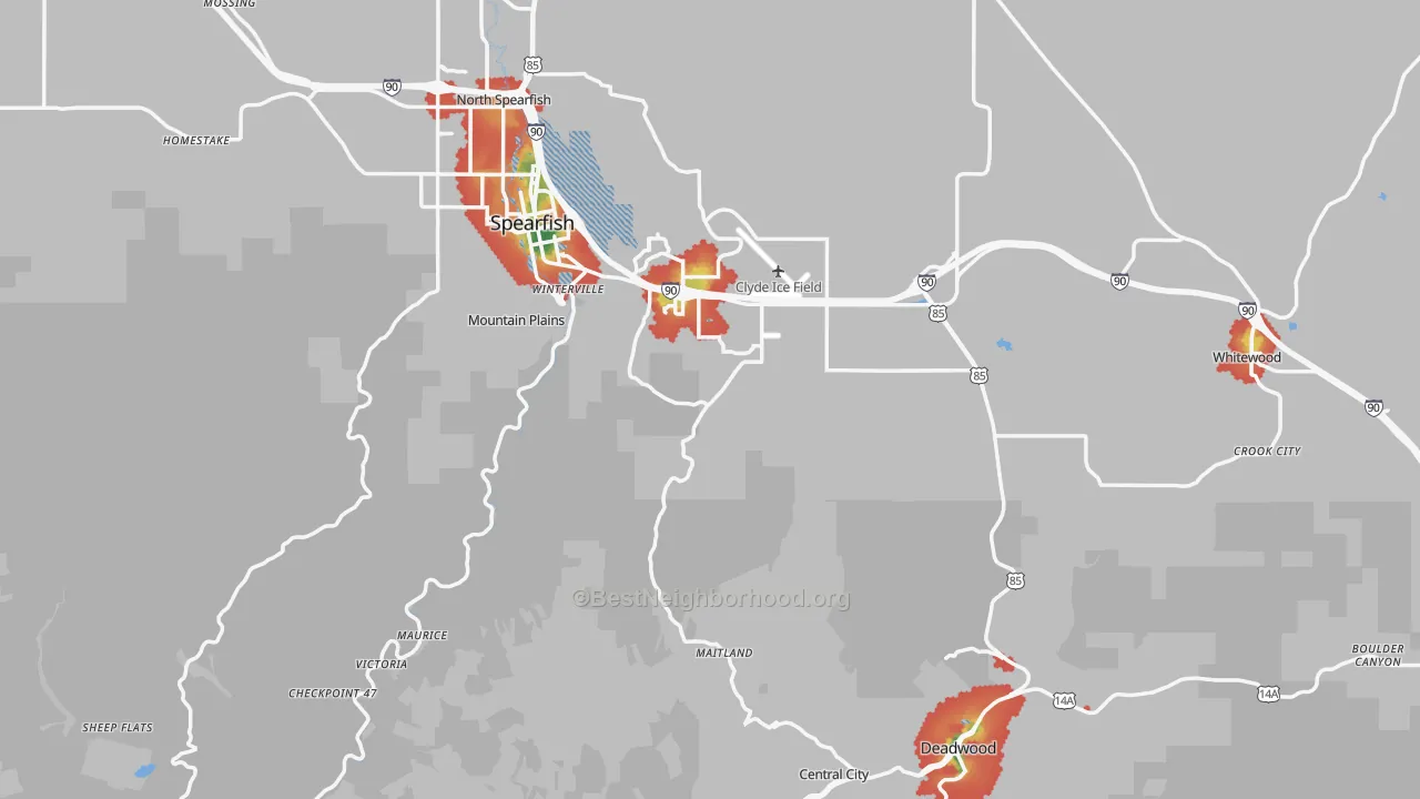 Walk Grade map of Lawrence County, SD, walkable areas in green and car-dependent areas in red