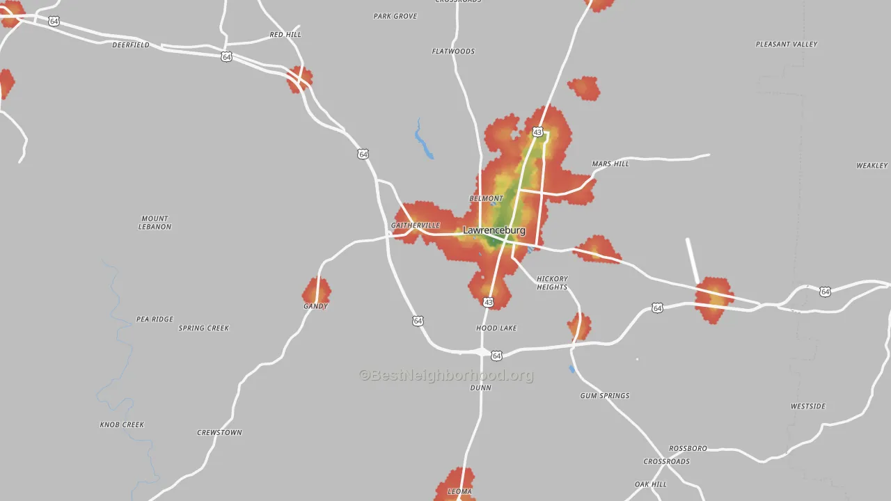 Walk Grade map of Lawrence County, TN, walkable areas in green and car-dependent areas in red
