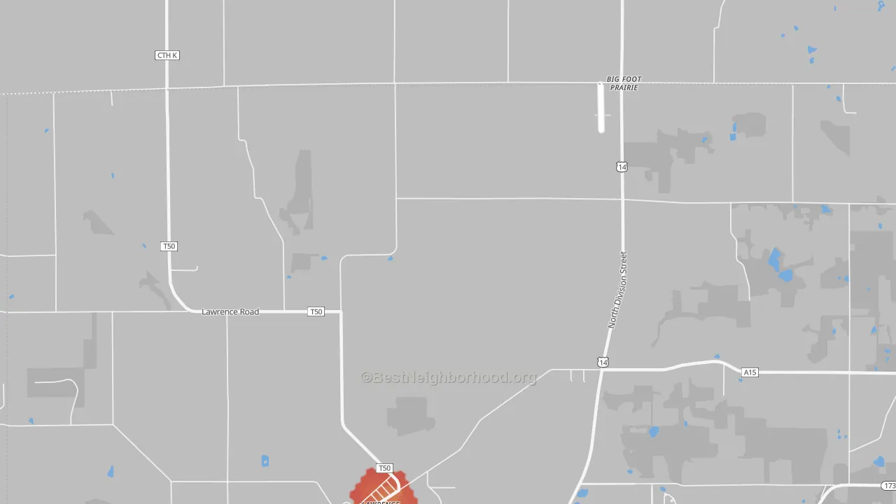 Walk Grade map of Lawrence, IL, walkable areas in green and car-dependent areas in red