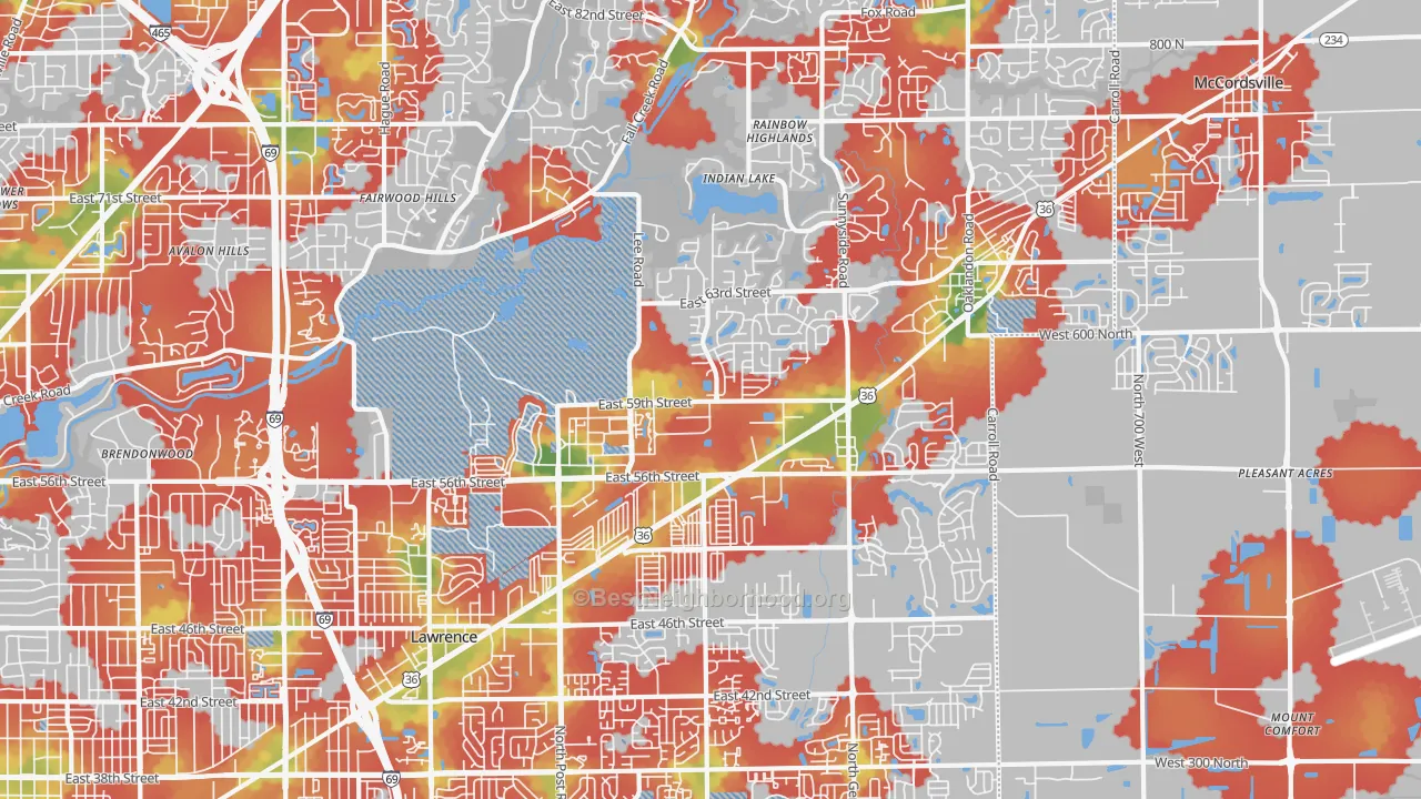 Walk Grade map of Lawrence, IN, walkable areas in green and car-dependent areas in red