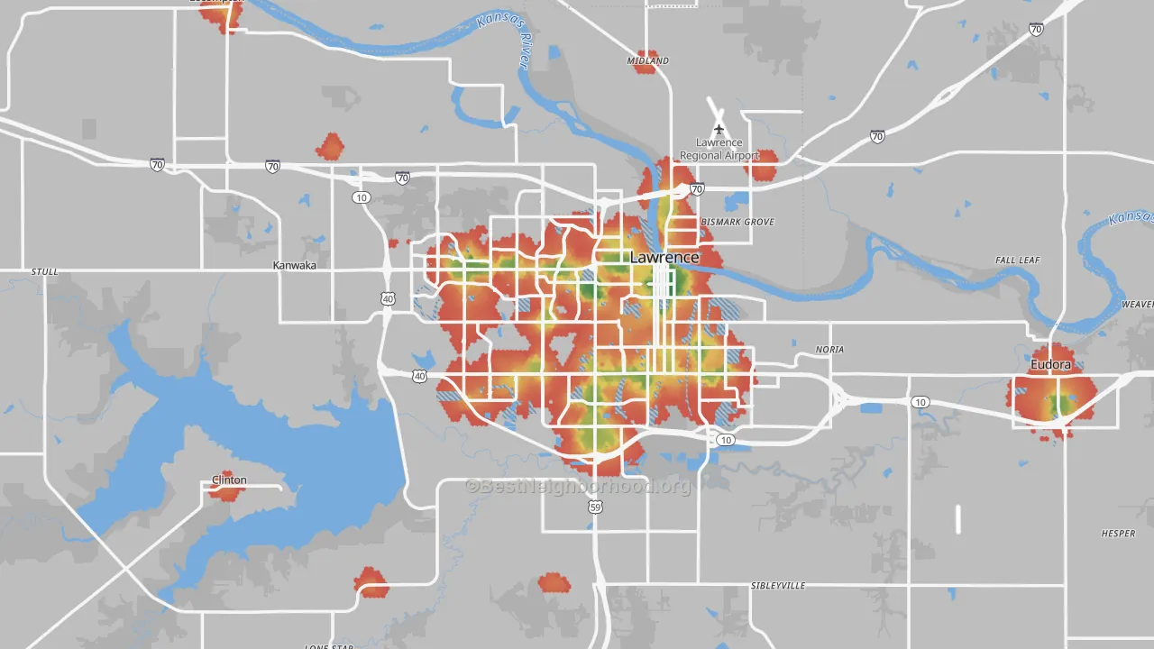 Walk Grade map of Lawrence, KS, walkable areas in green and car-dependent areas in red