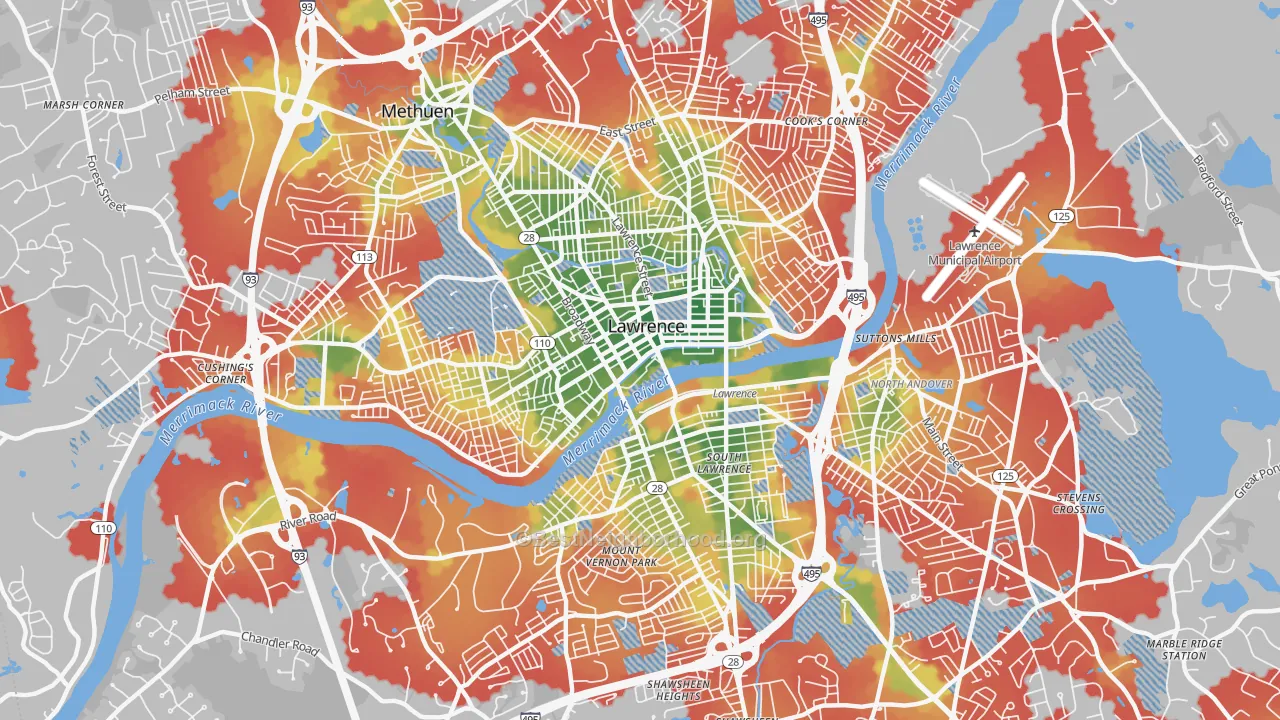 Walk Grade map of Lawrence, MA, walkable areas in green and car-dependent areas in red
