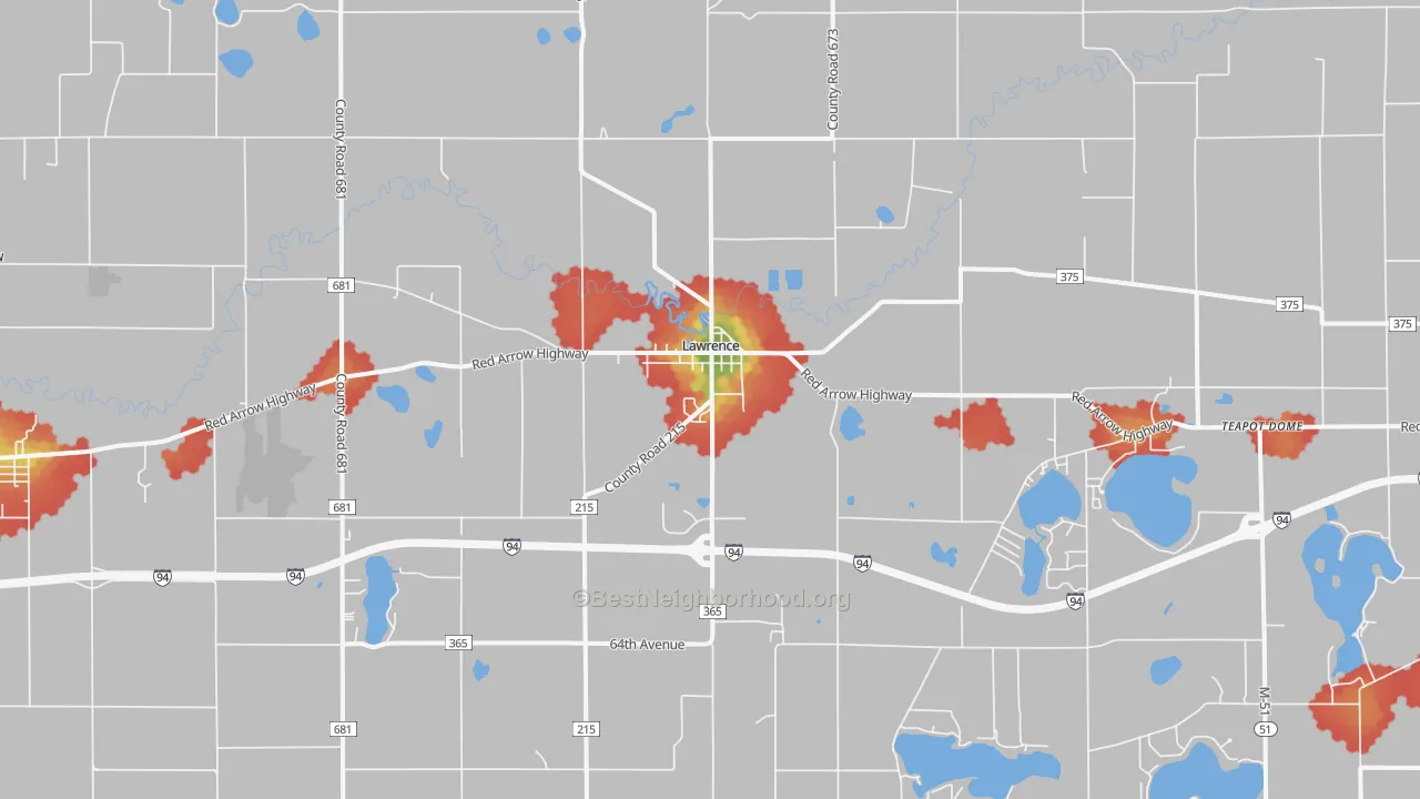 Walk Grade map of Lawrence, MI, walkable areas in green and car-dependent areas in red
