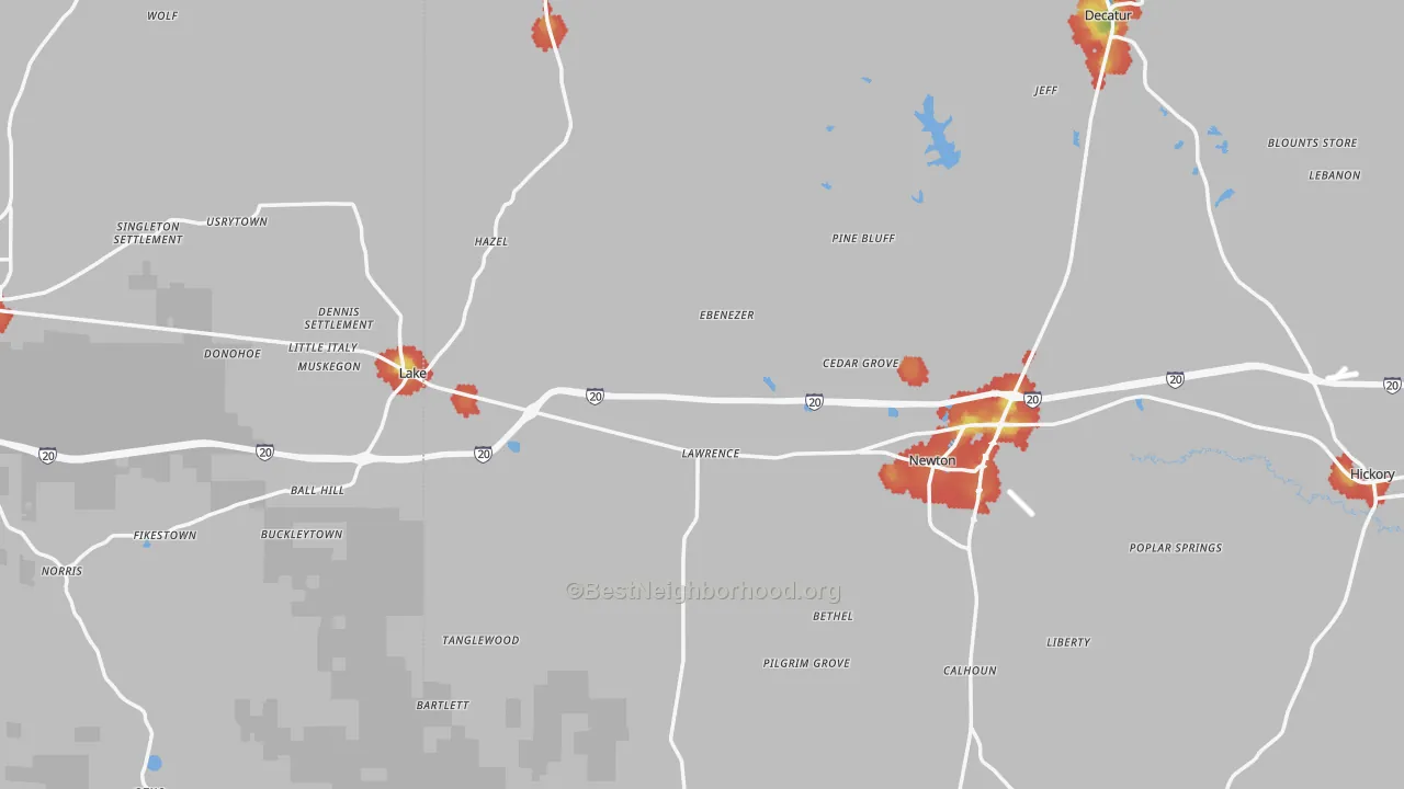 Walk Grade map of Lawrence, MS, walkable areas in green and car-dependent areas in red