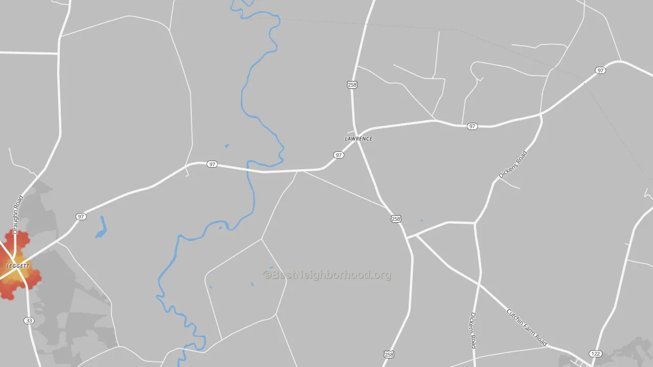 Walk Grade map of Lawrence, NC, walkable areas in green and car-dependent areas in red