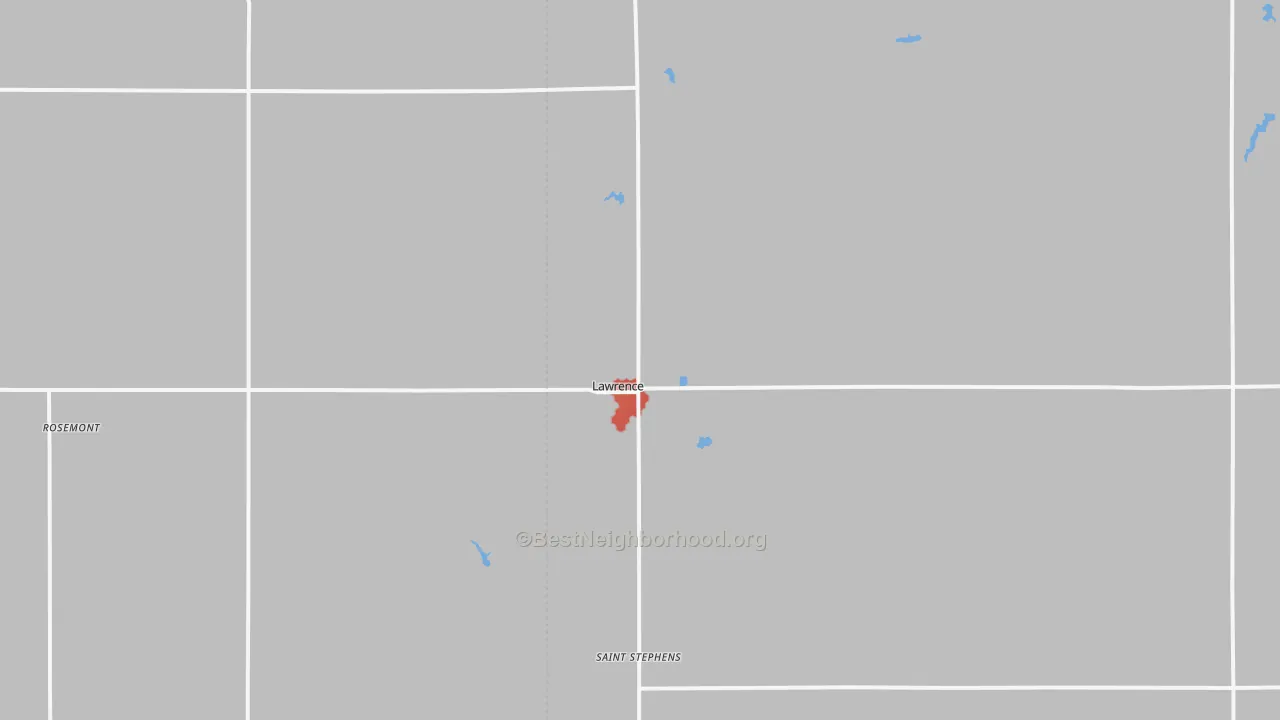 Walk Grade map of Lawrence, NE, walkable areas in green and car-dependent areas in red