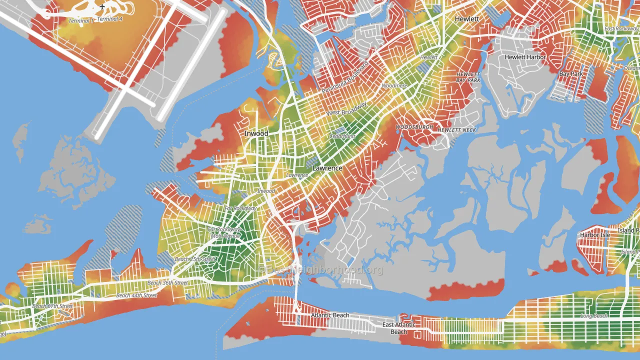 Walk Grade map of Lawrence, NY, walkable areas in green and car-dependent areas in red