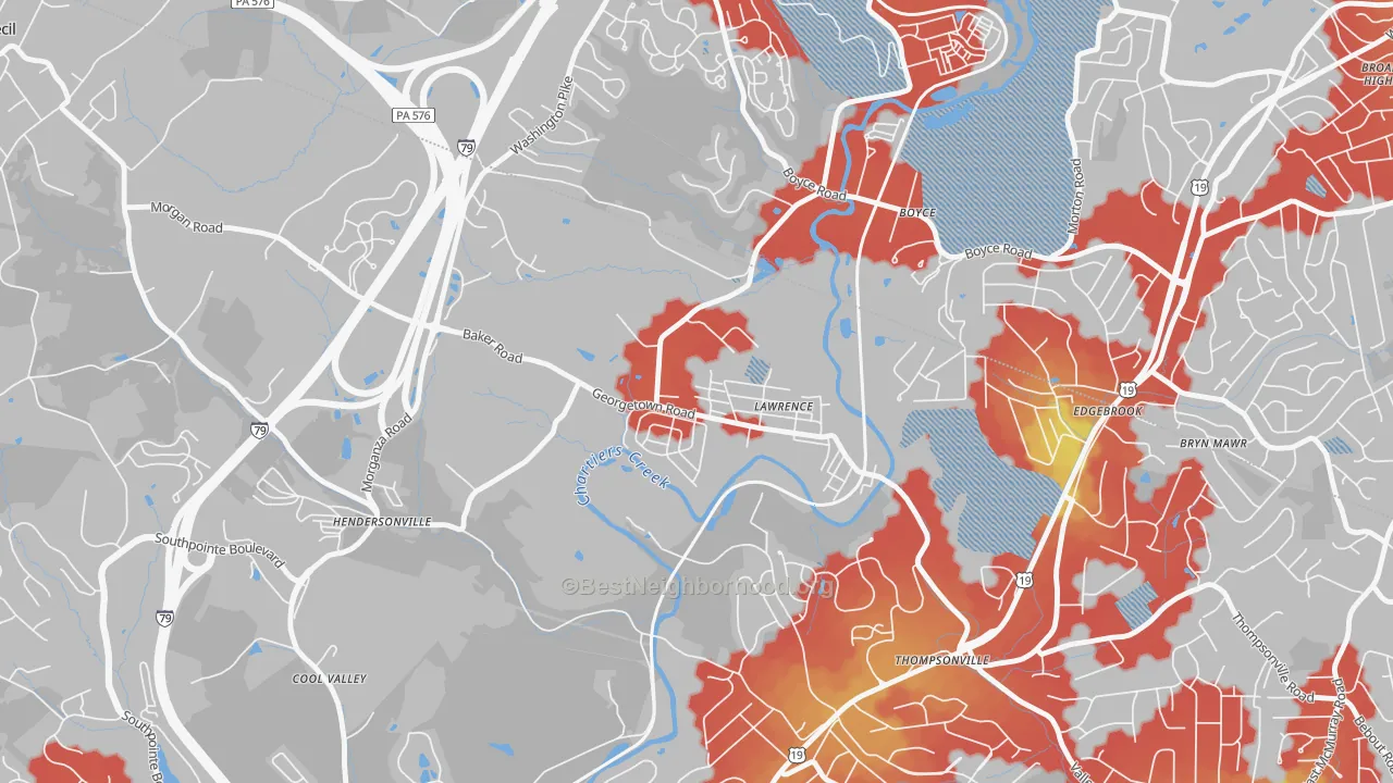 Walk Grade map of Lawrence, PA, walkable areas in green and car-dependent areas in red