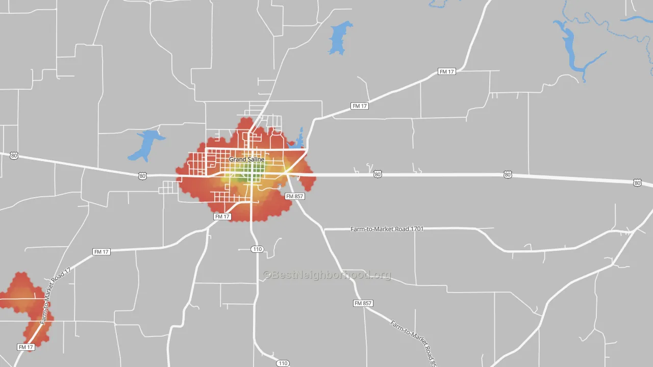Walk Grade map of Lawrence Springs, TX, walkable areas in green and car-dependent areas in red