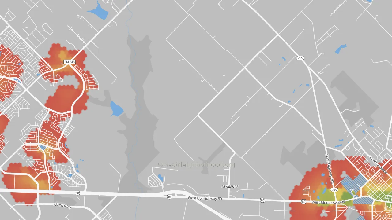 Walk Grade map of Lawrence, TX, walkable areas in green and car-dependent areas in red