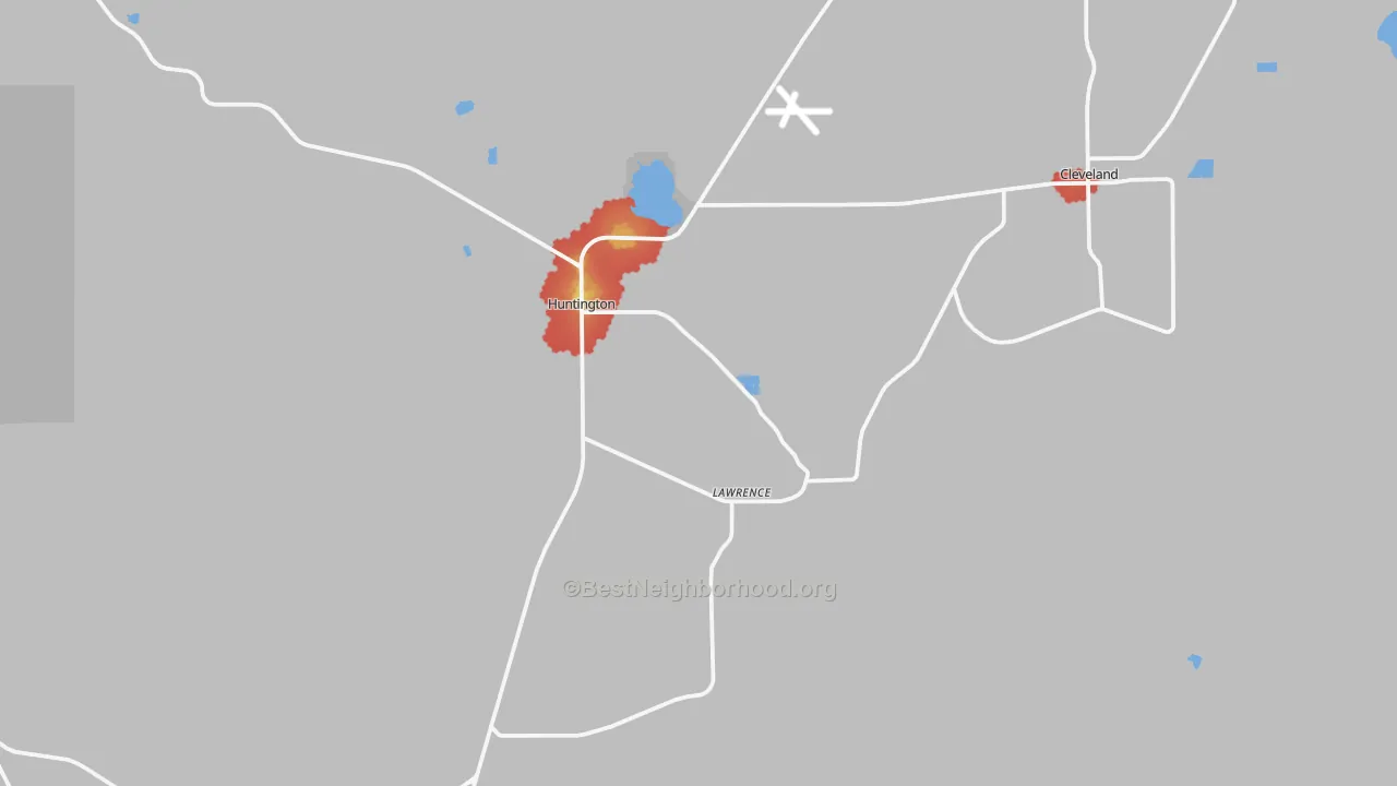 Walk Grade map of Lawrence, UT, walkable areas in green and car-dependent areas in red