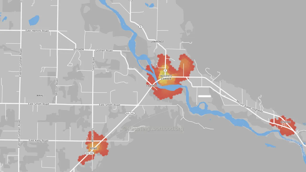 Walk Grade map of Lawrence, WA, walkable areas in green and car-dependent areas in red