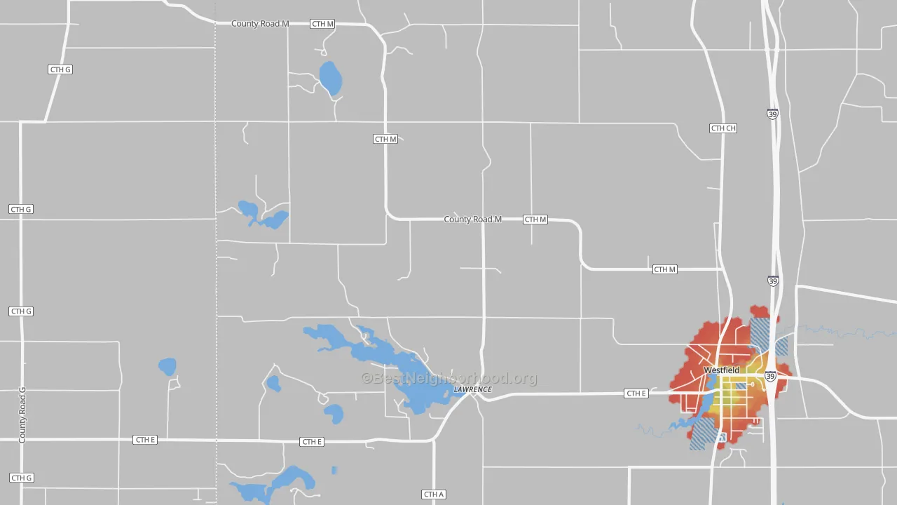 Walk Grade map of Lawrence, WI, walkable areas in green and car-dependent areas in red