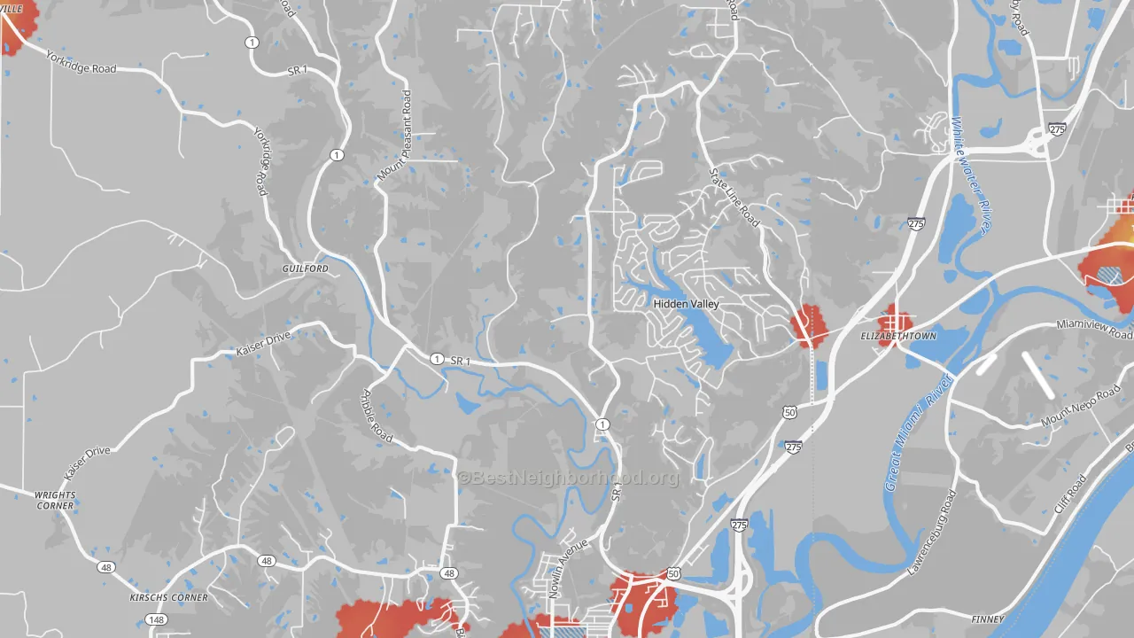 Walk Grade map of Lawrenceburg, IN, walkable areas in green and car-dependent areas in red