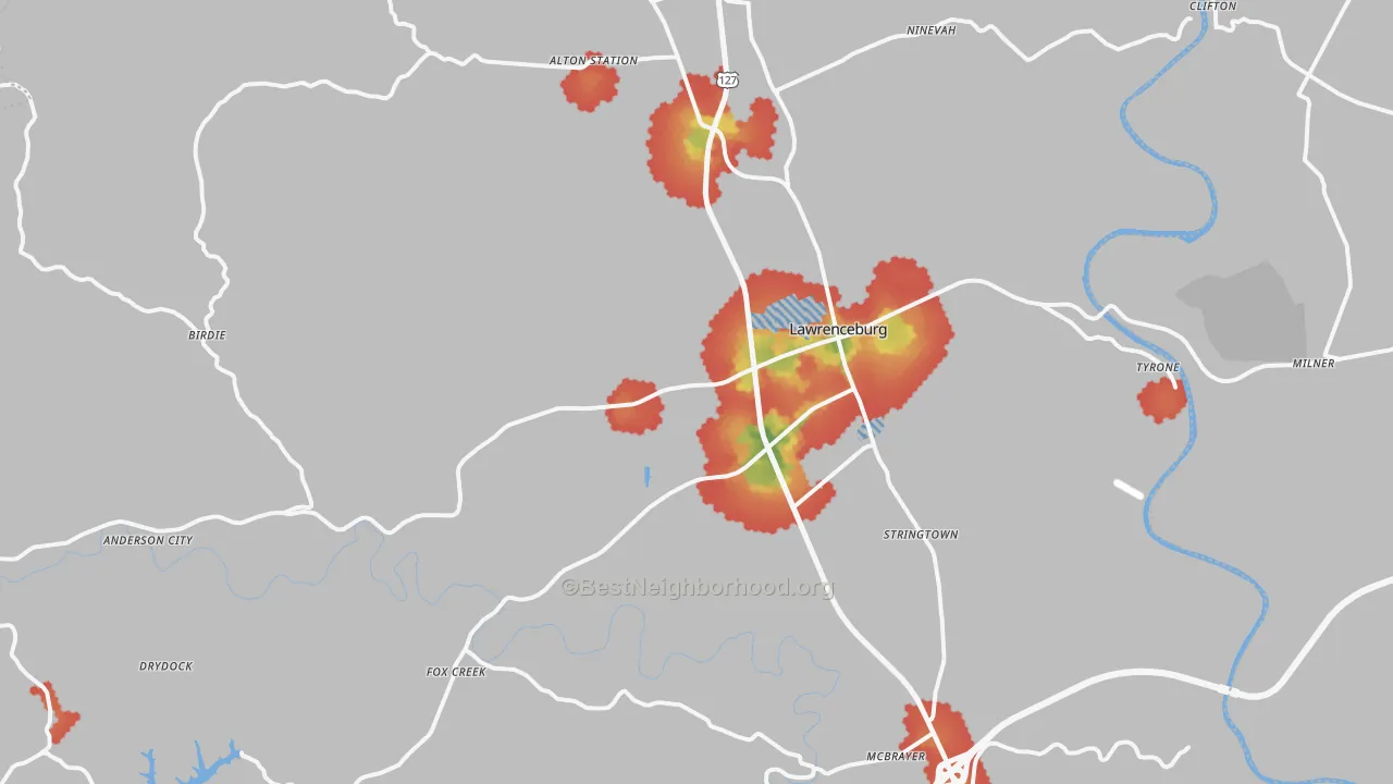 Walk Grade map of Lawrenceburg, KY, walkable areas in green and car-dependent areas in red