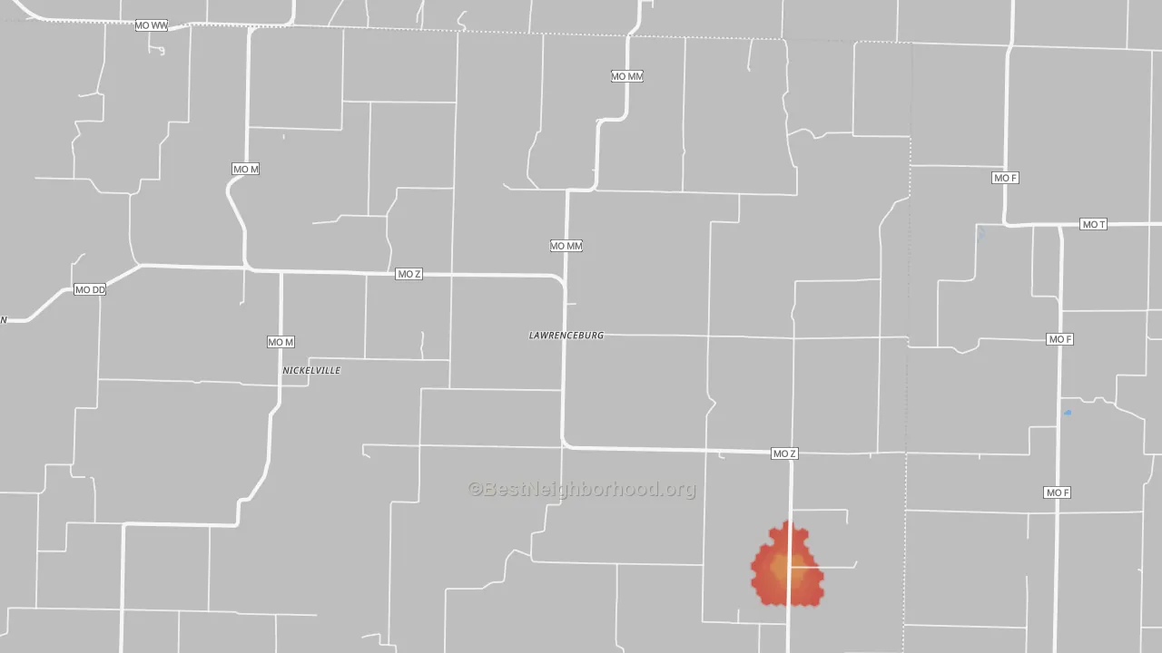 Walk Grade map of Lawrenceburg, MO, walkable areas in green and car-dependent areas in red