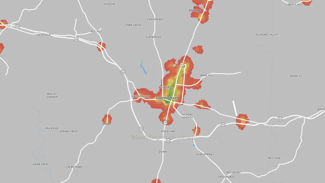 Walk Grade map of Lawrenceburg, TN, walkable areas in green and car-dependent areas in red