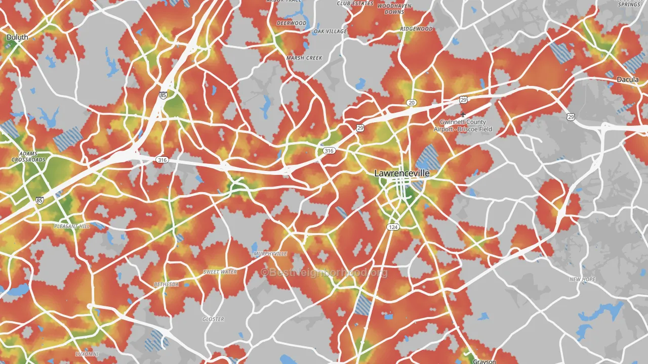 Walk Grade map of Lawrenceville, GA, walkable areas in green and car-dependent areas in red